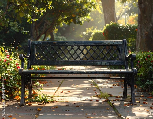 A wrought-iron bench sits on a paved path in a lush garden, illuminated by sunlight filtering through the trees
