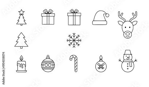 Christmas festive line icons winter season holiday symbols vector set