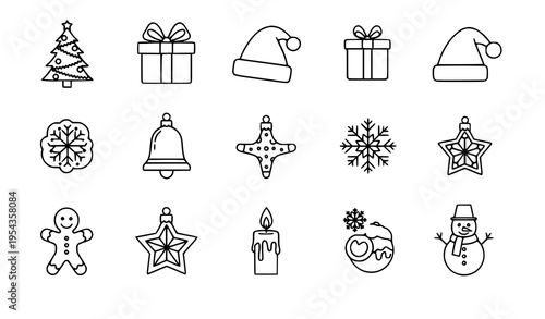 Winter Christmas outline icons festive holiday celebration vector set