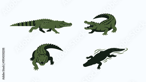 Vector set of green crocodiles and alligators in different poses