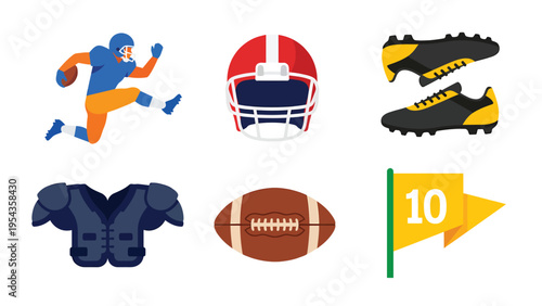 Flat Design American Football Player and Equipment Set on White Background