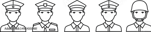 Professional Service Occupation Avatar Icon Set Featuring Police, Pilot, Military, and Security Officer Characters in Linear Vector Style on White Background