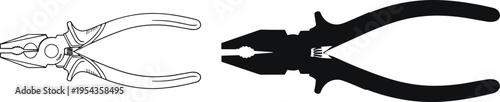 Combination Pliers Vector Illustration Featuring Linear Outline and Solid Black Silhouette Isolated on White Background for Professional Hand Tool Design Projects
