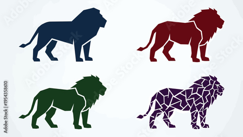 Stylized Lion Vector Icons Set. Four unique designs: solid blue, red, green, and a distinctive geometric pattern.