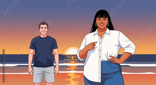 Happy diverse people standing on beach at sunset, vector illustration of summer vacation