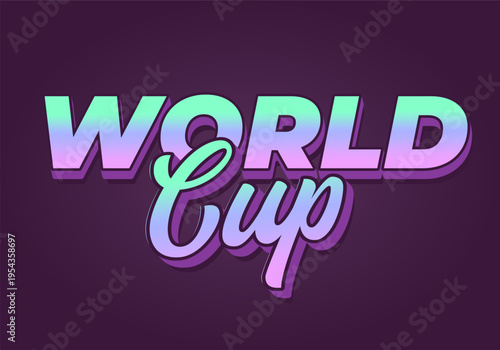 Retro styled neon text reading World Cup in large 3D letters with gradient teal to pink fill on dark purple background.