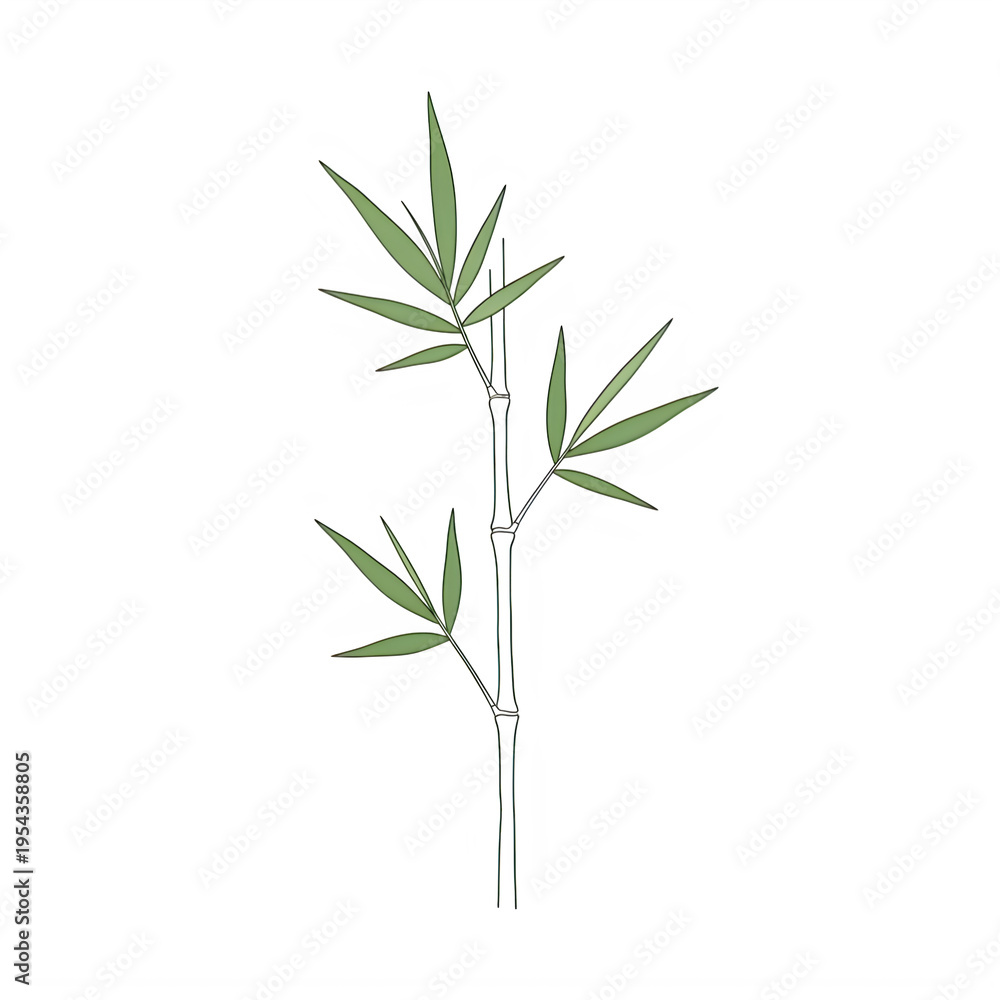 Obraz premium Thin bamboo stem with green leaves illustration on transparent background