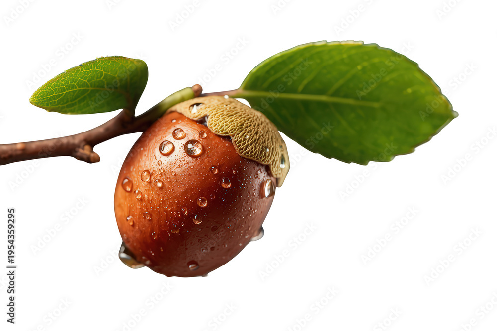 Obraz premium Jojoba fruit covered with fresh water drops, growing on a branch with green leaves. Healthy natural ingredient for cosmetics