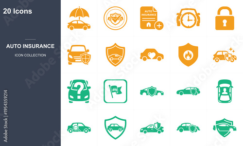 20 flat design auto insurance icons set with car protection and coverage concepts