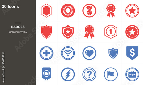20 flat design achievement badges and icons set for awards and recognition on dark background