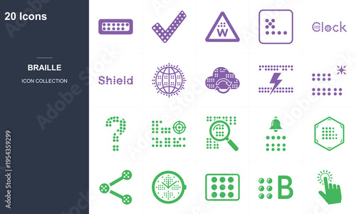 20 flat design accessibility icons set with braille, security, and technology symbols on dark background