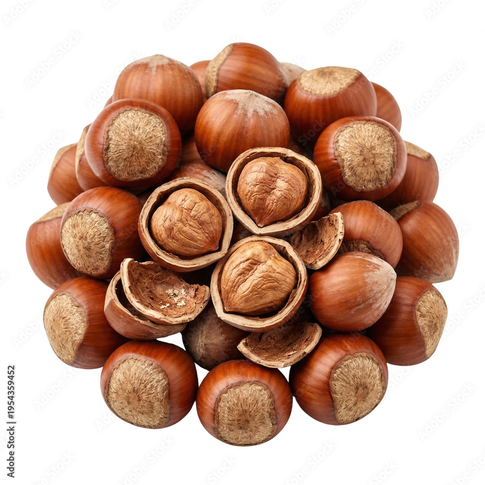Fototapeta premium Heap of Whole and Halved Hazelnuts Isolated on White Background