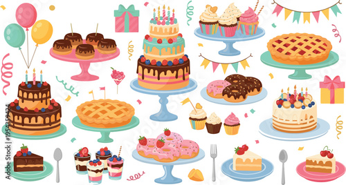 Birthday Party Dessert Vector Set with Celebration Cakes, Cupcakes, Donuts, Pie, Balloons, Gift Boxes and Sweet Treats on Decorative Cake Stands