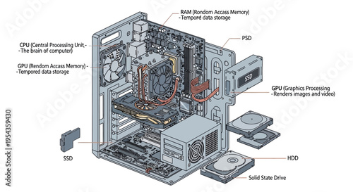 Computer hardware components diagram with labeled parts