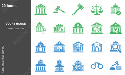 Set of 20 flat design courthouse and law icons in green and blue vector illustration