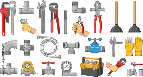 Plumbing Tools and Equipment Collection with Wrenches, Pipe Fittings, Valves, Gauges, Gloves, and Toolbox for Plumbing Service Designs