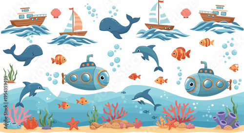 Underwater Adventure with Dolphins, Fish, Submarine, Boats, Coral Reefs, and Waves for Ocean Life and Marine Exploration Designs