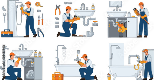 Plumber Fixing Pipes, Sinks, and Showers with Tools, Pipe Wrench, and Toolbox for Plumbing Services and Maintenance Designs