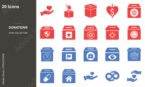 20 flat design donation icons set with charity, fundraising, and humanitarian aid concepts