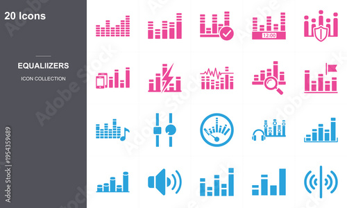 20 flat design audio equalizer icons set in vibrant red and blue on dark gradient background