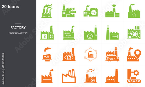 Set of 20 flat design factory and industrial icons in green and orange colors for business and manufacturing