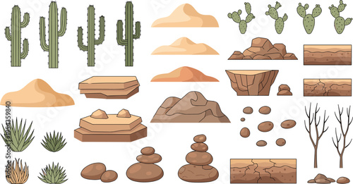 Desert Landscape Elements with Cacti, Sand Dunes, Rocks, and Dry Vegetation for Natural Environment Illustrations
