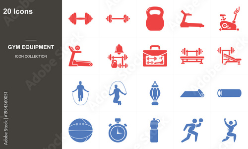 20 flat design gym equipment icons set for fitness and workout concept vector illustration