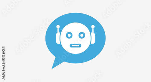 Blue robot face in speech bubble with headphones on white background