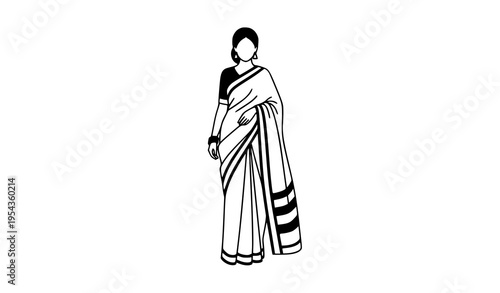 Elegant Bengali woman in traditional saree flat vector illustration minimal black and white cultural fashion isolated