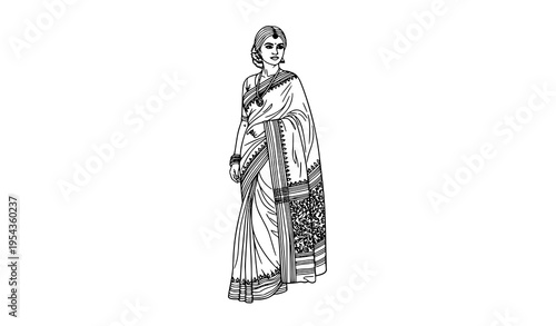 Bengali woman in saree line art vector illustration detailed traditional ethnic beauty isolated on white