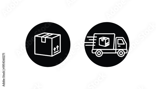 Delivery truck and package icons in black and white