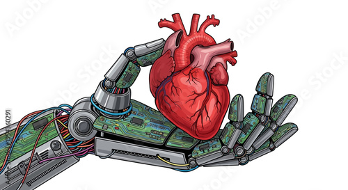 Robotic hand holding a human heart with circuit boards and wires