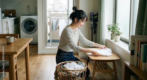 洗濯物を畳む日本人女性、家事、ライフスタイルのコンセプト　Generative AI