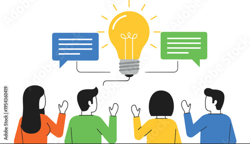 Creative team brainstorming discussion with light bulb idea concept business collaboration meeting innovation communication vector illustration