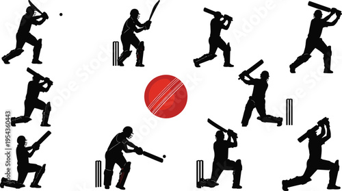 Cricket player batting silhouette set, batsman hitting ball, professional cricket sport action, athlete playing cricket concept illustration