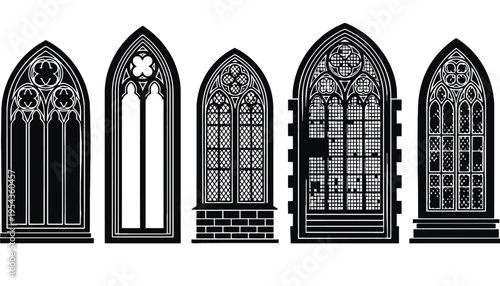 Window Gothic silhouette set of five arched stained glass illustrations