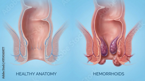 Hemorrhoids vs Healthy Anal Anatomy 3D Medical Illustration