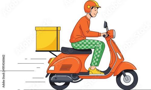 Delivery courier riding scooter with package box, fast food delivery service transportation, online order shipping illustration concept