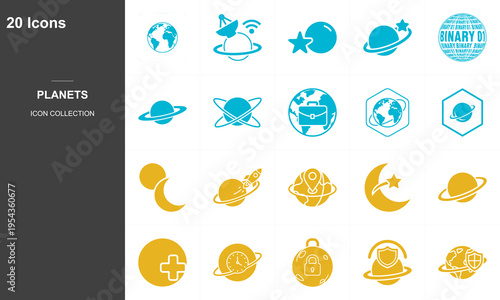 20 flat design planet icons set with zodiac signs and cosmic elements isolated on dark background