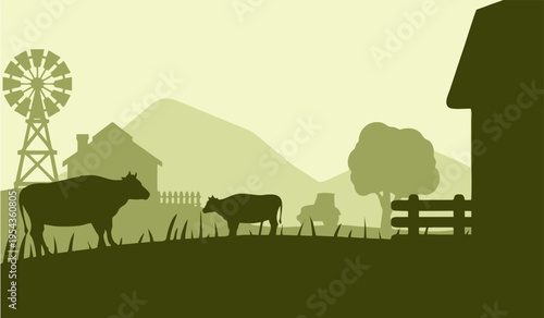 Green farm landscape with cows illustration