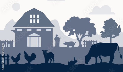 Blue farm landscape with various animals