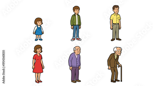 Life Stages Illustration: Cartoon Characters Representing Human Aging from Child to Senior