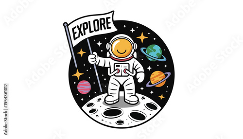 Astronaut cartoon character standing on the moon with a flag
