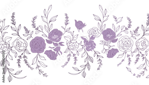 A beautiful floral border of purple flowers and leaves illustration