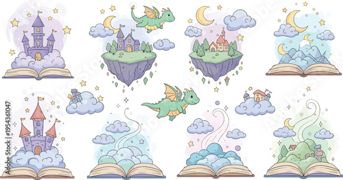 Fantasy Storybook Adventure Collection with Floating Castles Dragons Clouds Moon Stars and Magical Landscapes Vector Illustration Set