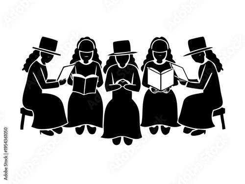 Six religious ultra - Orthodox Jewish women pray. Some read from "prayer arrangement" and some ... See More
