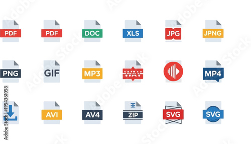 File type icons for various digital formats on a white background