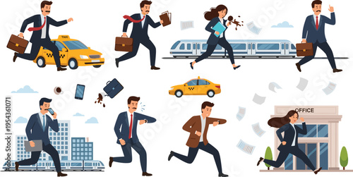 Busy Businessman Running Late Collection with Commute, Office Rush, Taxi, Documents, and Stressful Work Day Vector Illustration Set