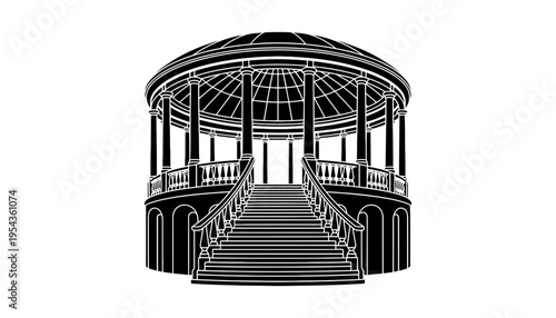 A gazebo silhouette illustration with a staircase and columns on a white background