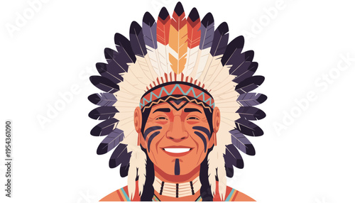 Native American chief illustration with traditional feathered headdress and face paint